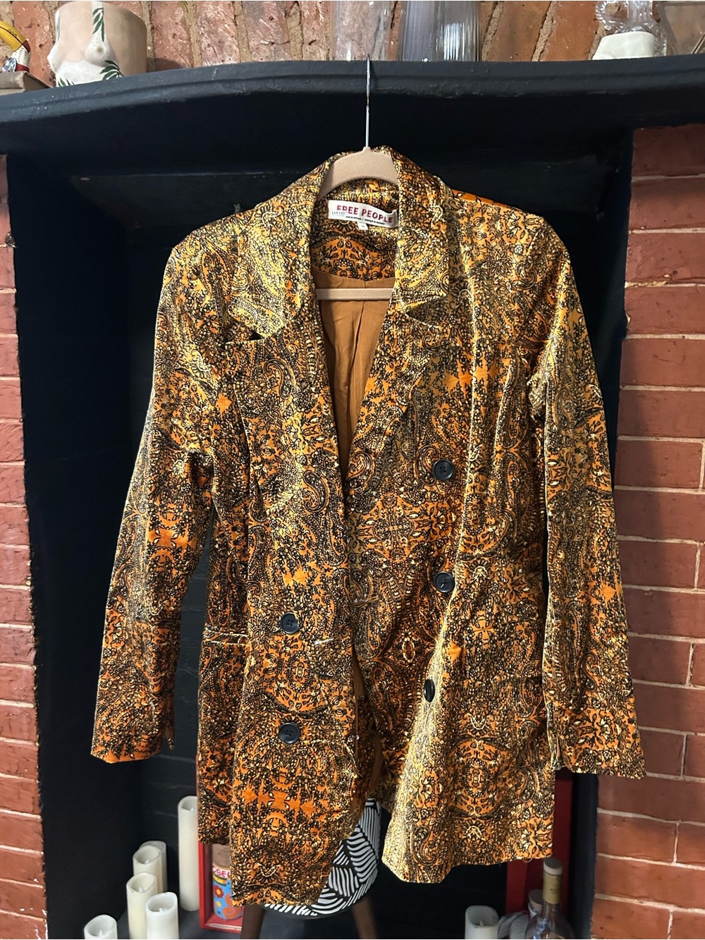 Free People Orange Paisley Velvet Double-Breasted Blazer